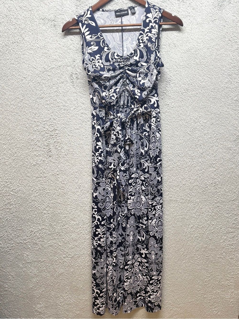 Nina Leonard Navy & White Floral Damask Ruched Maxi Dress